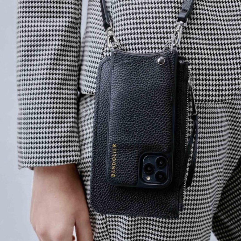 BANDOLIER iPhone 13Pro Emma Pebble Leather Black/Silver & MINIMAL POUCH Flat Zip